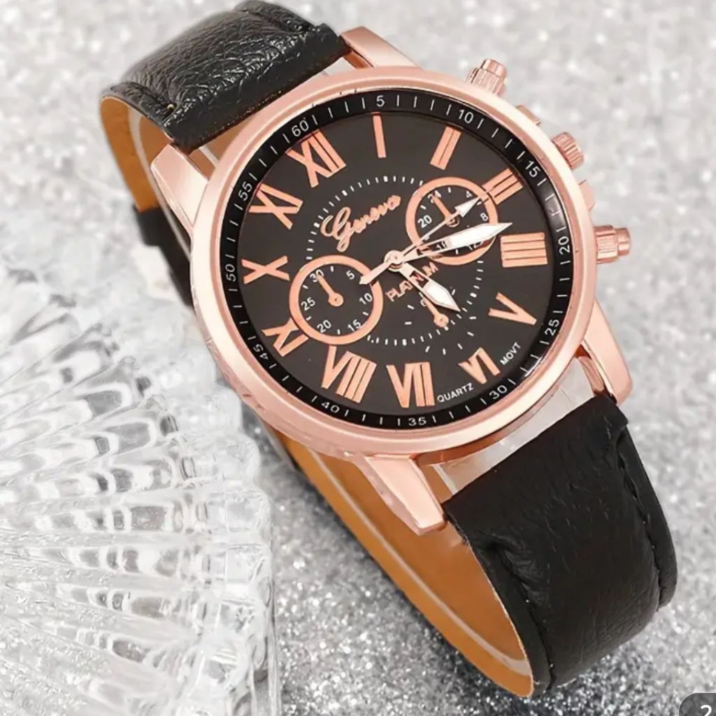 GenevaBlack And Rose Gold Watch